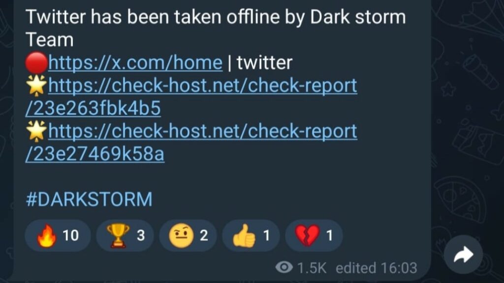 K útokům na Muskovu síť X, dříve Twitter, se hlásí propalestinská hackerská skupina Dark Storm Team, která se specializuje na DDoS útoky. Zdroj: Check Point Software Technologies