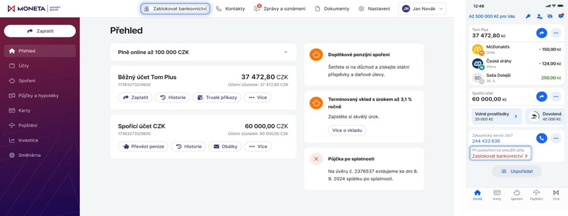Záchranné tlačítko v internetovém bankovnictví Monety najdete jako první v horní liště. Zdroj: Moneta