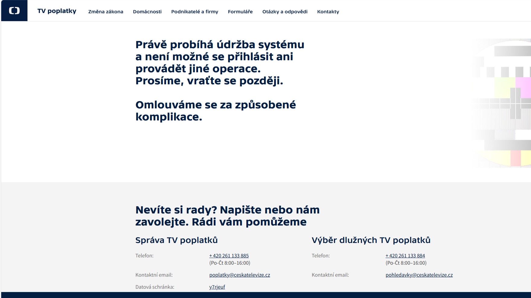 Na webu České televize v pondělí nebylo možné vyřídit poplatky kvůli „údržbě systému“. Reprofoto: faei.cz