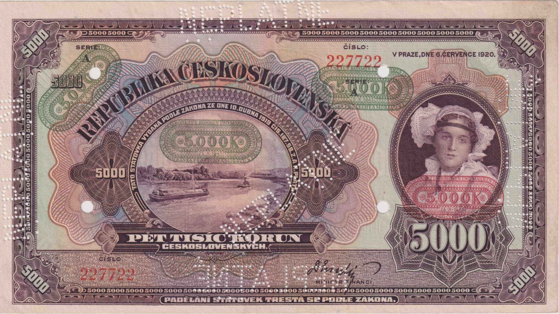 Mezi nejvýznamnější položky letošní listopadové aukce patří pětitisícovka z roku 1920. Zdroj: Bankovky.com