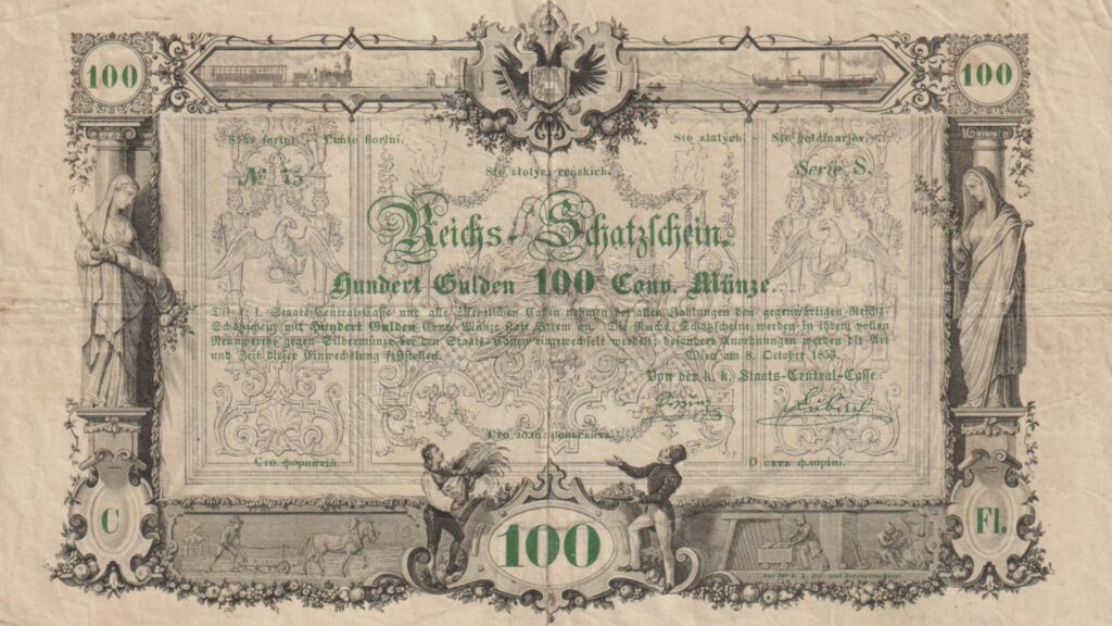 Bankovka v hodnotě 100 guldenů z roku 1853 se vydražila za rekordní částku. Foto: Bankovky.com