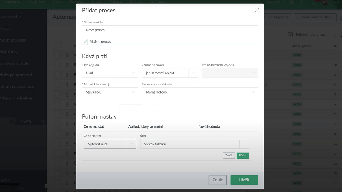 Příklad automatizace odeslání faktury. Zdroj: Caflou