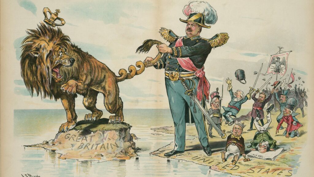 Americký prezident Grover Cleveland vyobrazen vázaje uzel na ocasu britského lva, symbolizuje konec hegemonie evropských mocností nad americkým kontinentem. Autor: J. S. Pughe – Puck Magazine, Volné dílo, https://commons.wikimedia.org/w/index.php?curid=48392116