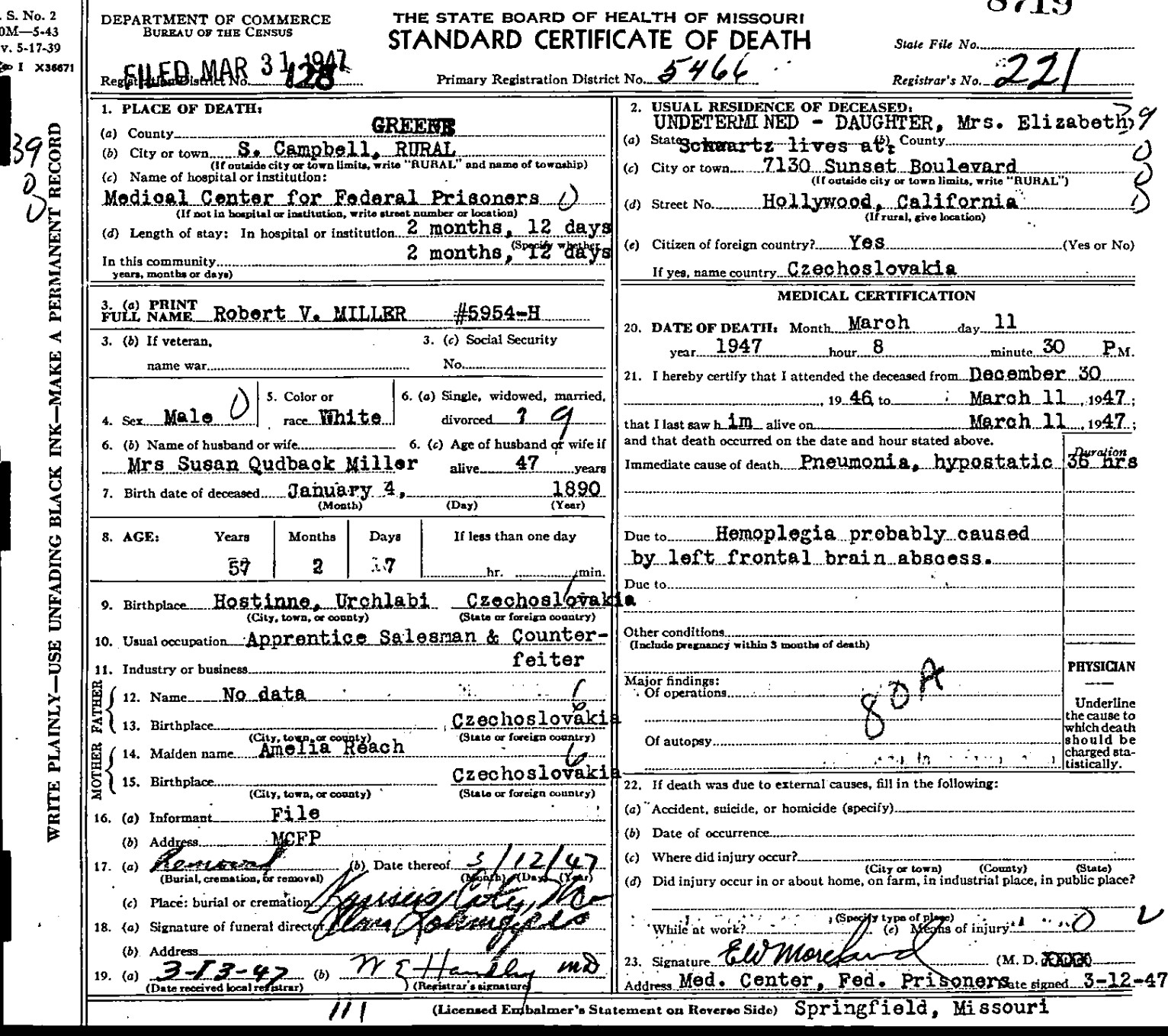 Úmrtní list Viktora Lustiga. Zdroj: The State Board of Health of Missouri, Public domain, via Wikimedia Commons