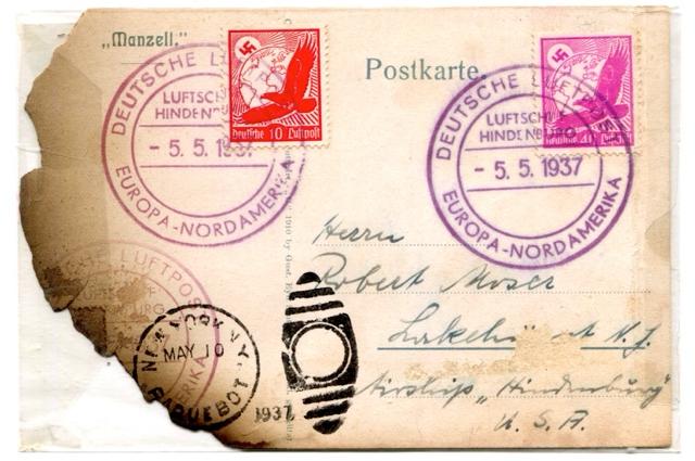 Ohořelá pohlednice ze vzducholodi Hindenburg. OSFS, se souhlasem